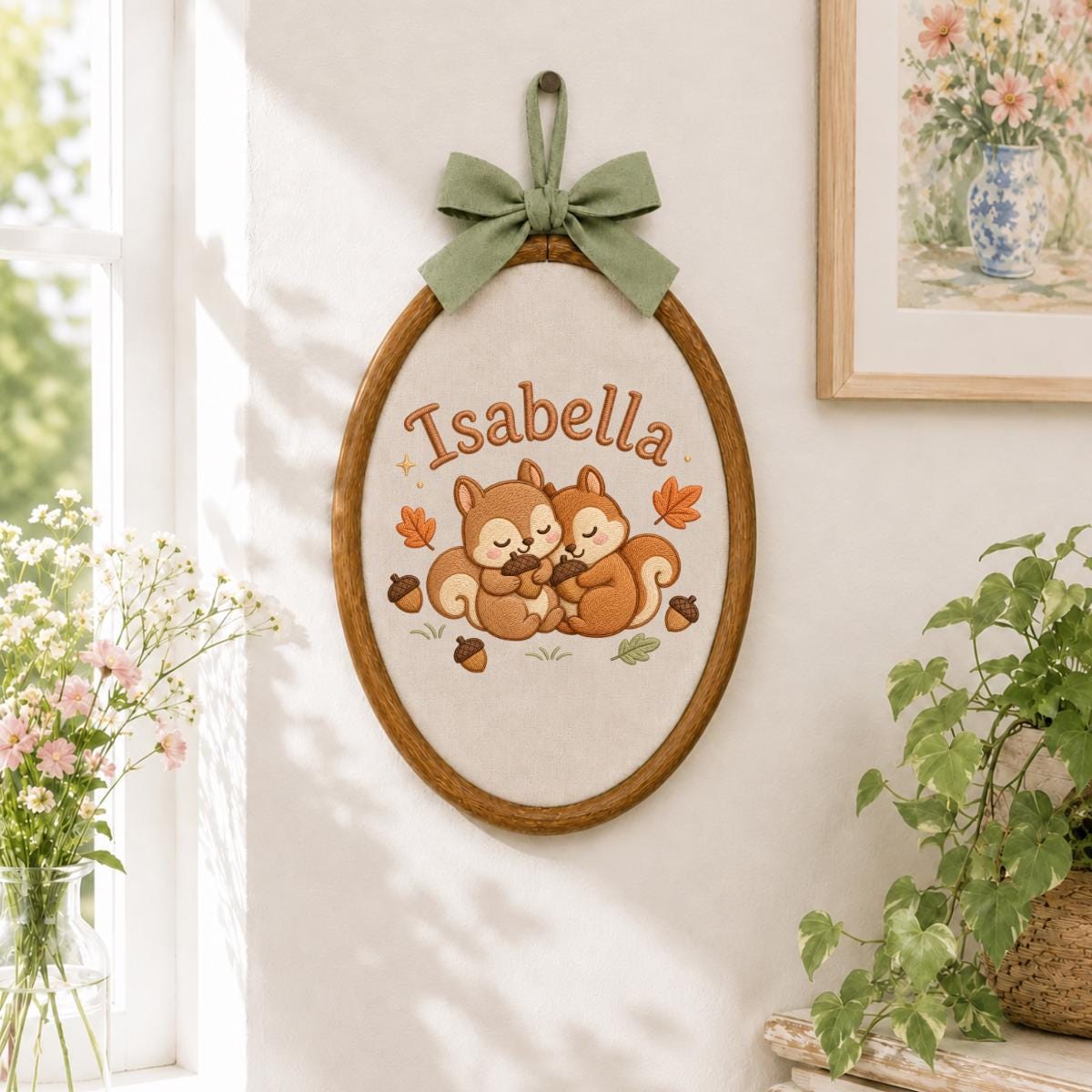 Personalized Squirrel Embroidered Hoop Art, Autumn Nursery Decor, Isabella Baby Gift Sign
