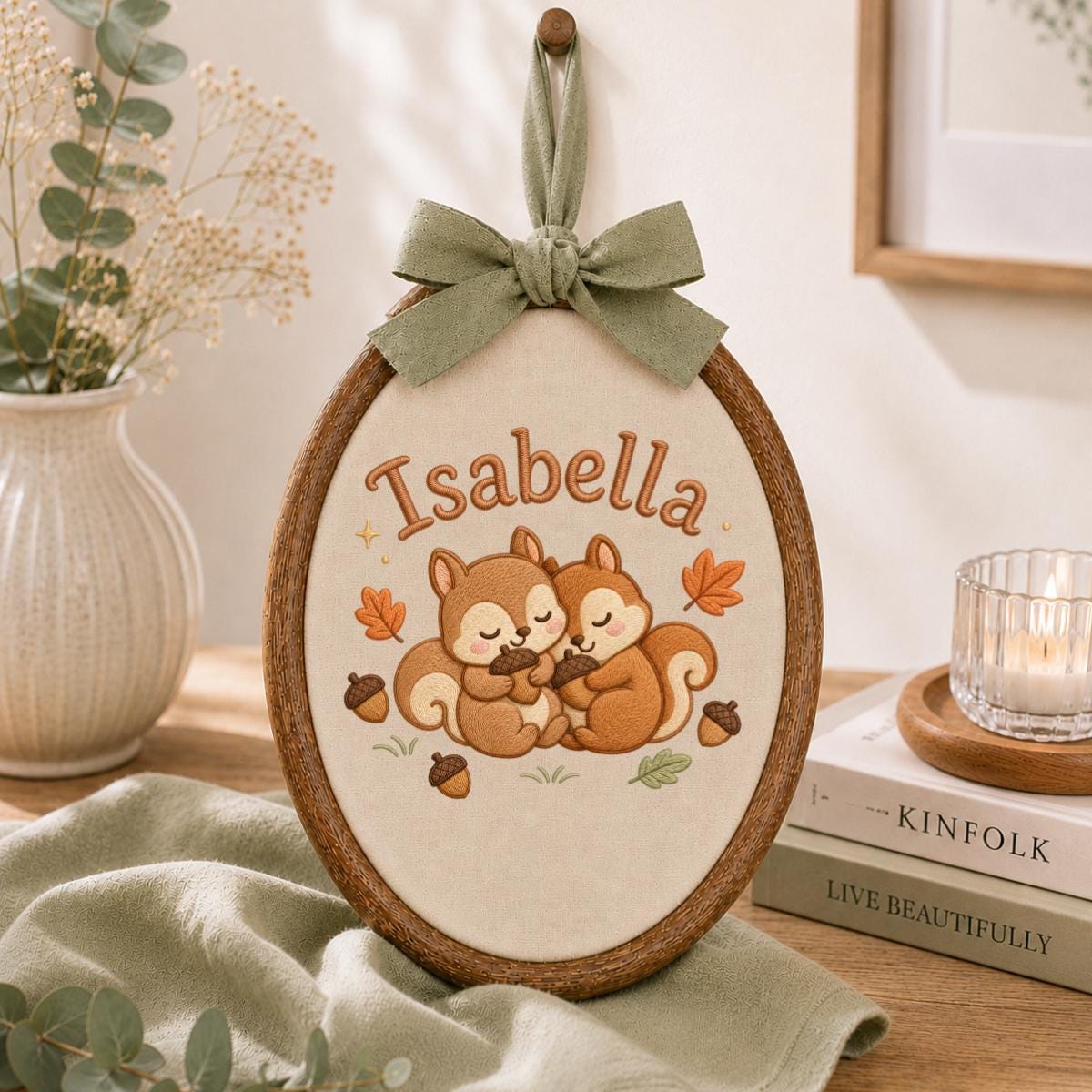 Personalized Squirrel Embroidered Hoop Art, Autumn Nursery Decor, Isabella Baby Gift Sign