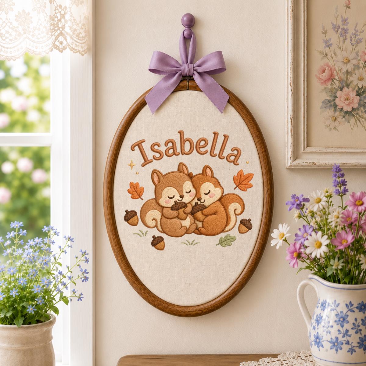 Personalized Squirrel Embroidered Hoop Art, Autumn Nursery Decor, Isabella Baby Gift Sign