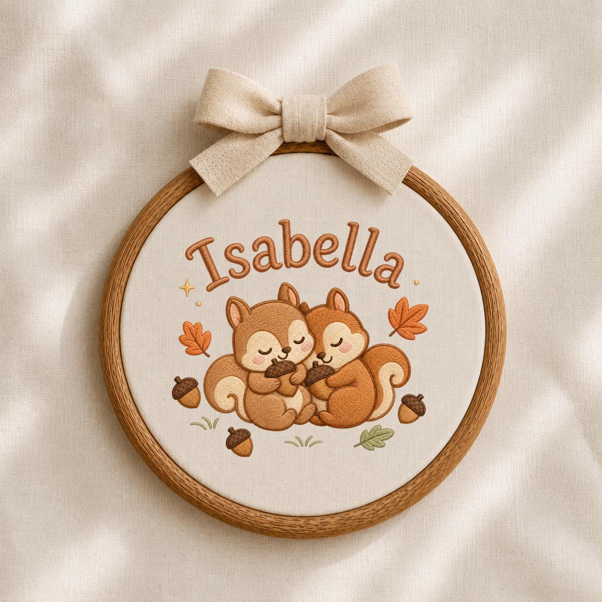 Personalized Squirrel Embroidered Hoop Art, Autumn Nursery Decor, Isabella Baby Gift Sign