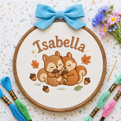 Personalized Squirrel Embroidered Hoop Art, Autumn Nursery Decor, Isabella Baby Gift Sign