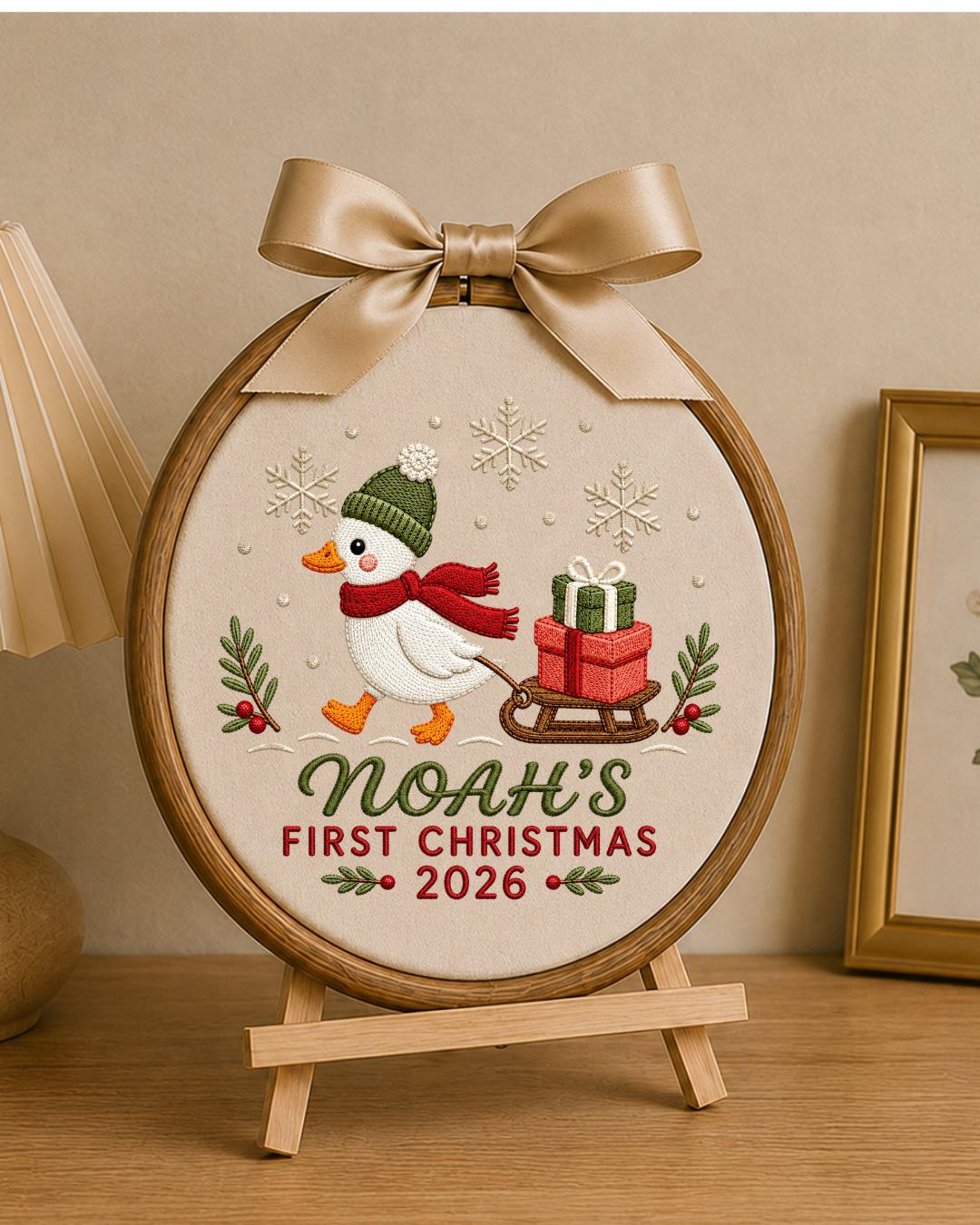 Personalized Embroidered First Christmas Ornament, Custom Baby Name Goose Hoop, Baby’s First Christmas 2026 Keepsake, Holiday Decor