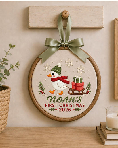 Personalized Embroidered First Christmas Ornament, Custom Baby Name Goose Hoop, Baby’s First Christmas 2026 Keepsake, Holiday Decor