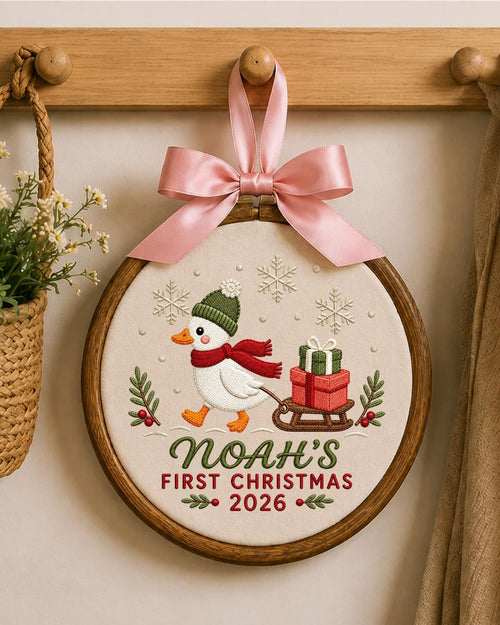 Personalized Embroidered First Christmas Ornament, Custom Baby Name Goose Hoop, Baby’s First Christmas 2026 Keepsake, Holiday Decor
