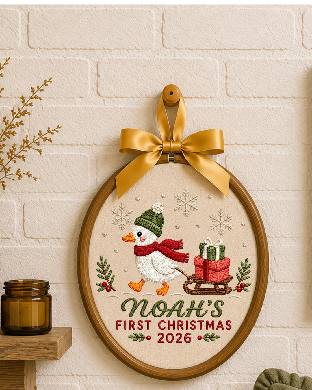 Personalized Embroidered First Christmas Ornament, Custom Baby Name Goose Hoop, Baby’s First Christmas 2026 Keepsake, Holiday Decor