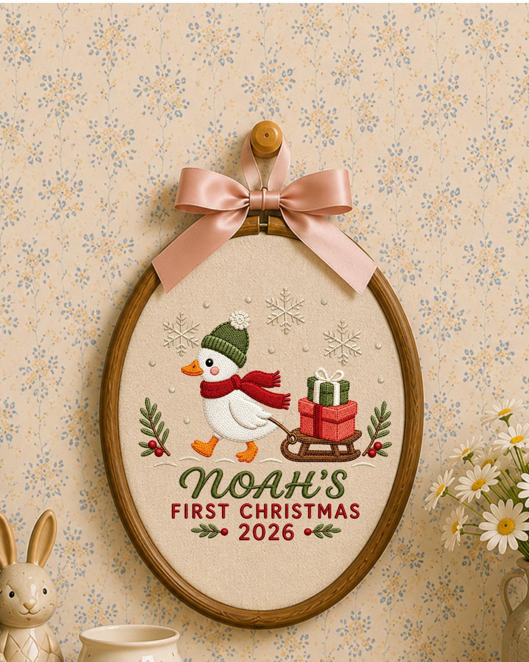 Personalized Embroidered First Christmas Ornament, Custom Baby Name Goose Hoop, Baby’s First Christmas 2026 Keepsake, Holiday Decor