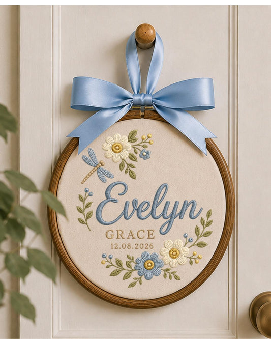 Personalized Embroidered Name Ornament, Custom Baby Name and Date Hoop, Floral Nursery Wall Decor, Dragonfly Newborn Keepsake Gift