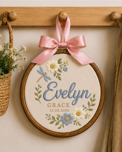 Personalized Embroidered Name Ornament, Custom Baby Name and Date Hoop, Floral Nursery Wall Decor, Dragonfly Newborn Keepsake Gift