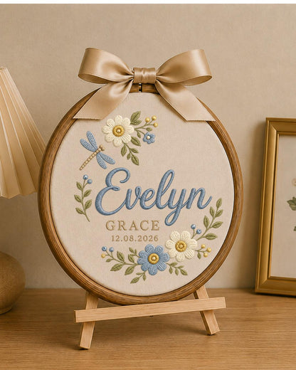 Personalized Embroidered Name Ornament, Custom Baby Name and Date Hoop, Floral Nursery Wall Decor, Dragonfly Newborn Keepsake Gift