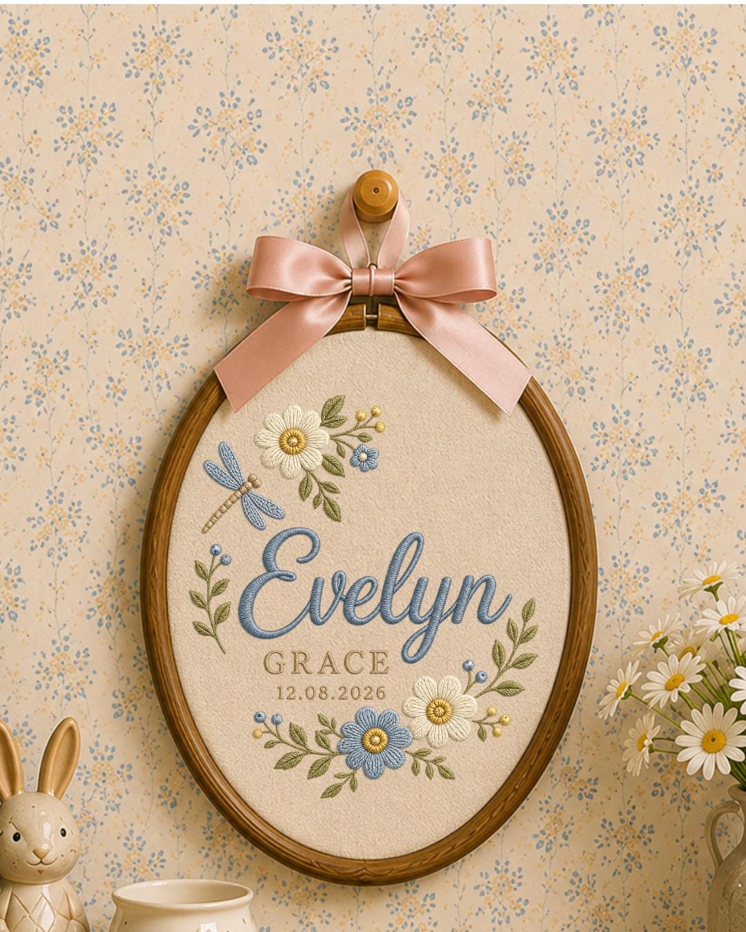 Personalized Embroidered Name Ornament, Custom Baby Name and Date Hoop, Floral Nursery Wall Decor, Dragonfly Newborn Keepsake Gift