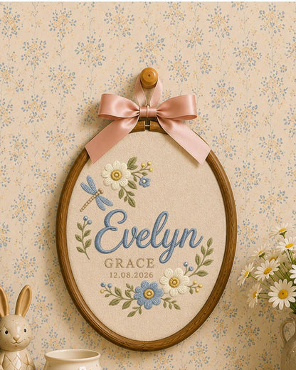 Personalized Embroidered Name Ornament, Custom Baby Name and Date Hoop, Floral Nursery Wall Decor, Dragonfly Newborn Keepsake Gift