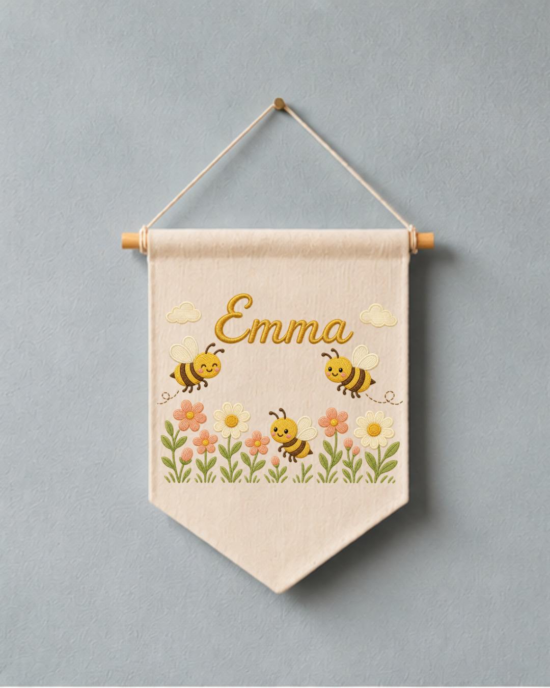 Personalized Bee Nursery Wall Hanging, Custom Name Embroidered Banner, Floral Baby Girl Room Decor, Bumble Bee Nursery Gift