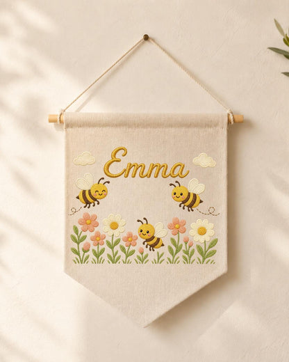 Personalized Bee Nursery Wall Hanging, Custom Name Embroidered Banner, Floral Baby Girl Room Decor, Bumble Bee Nursery Gift
