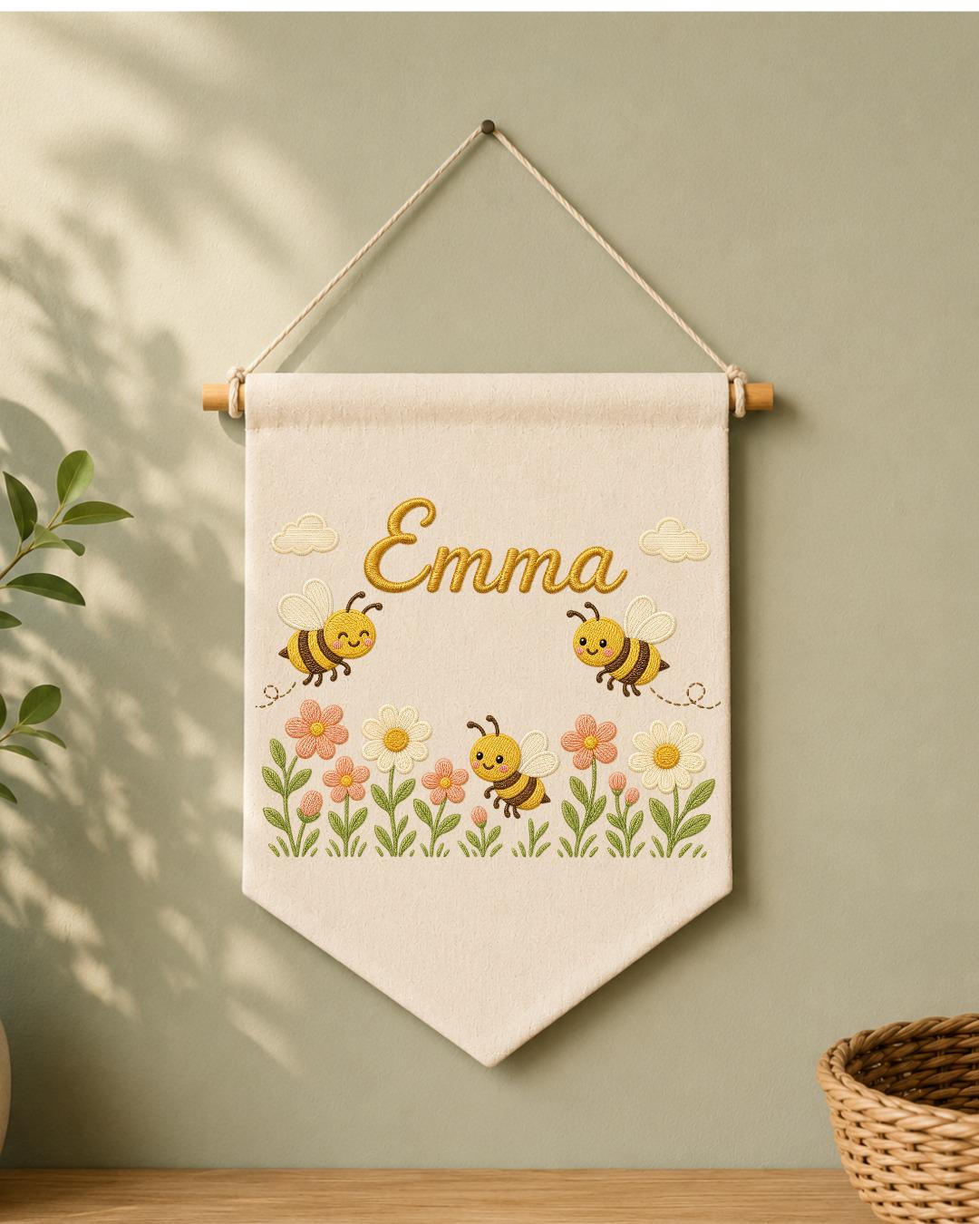 Personalized Bee Nursery Wall Hanging, Custom Name Embroidered Banner, Floral Baby Girl Room Decor, Bumble Bee Nursery Gift