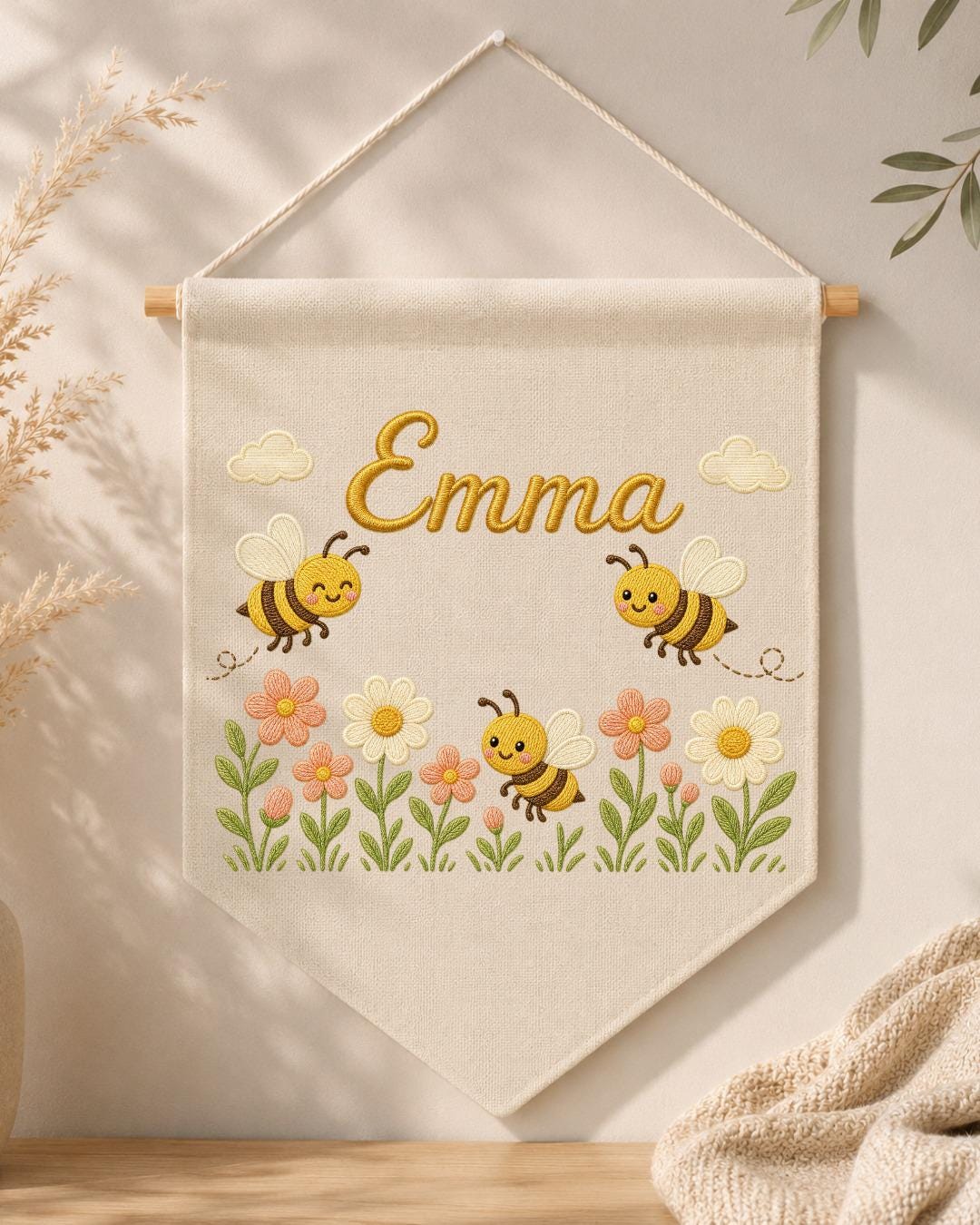 Personalized Bee Nursery Wall Hanging, Custom Name Embroidered Banner, Floral Baby Girl Room Decor, Bumble Bee Nursery Gift