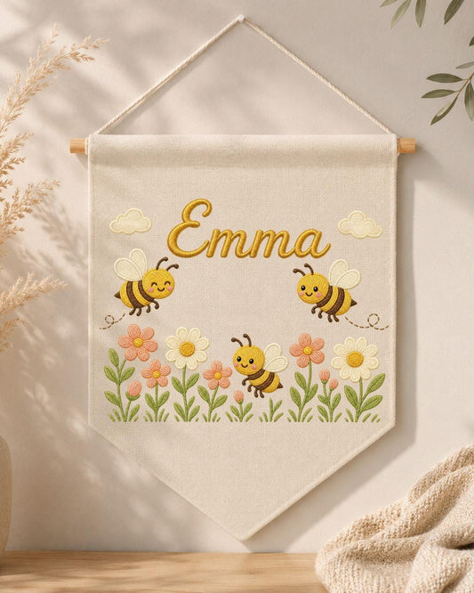 Personalized Bee Nursery Wall Hanging, Custom Name Embroidered Banner, Floral Baby Girl Room Decor, Bumble Bee Nursery Gift