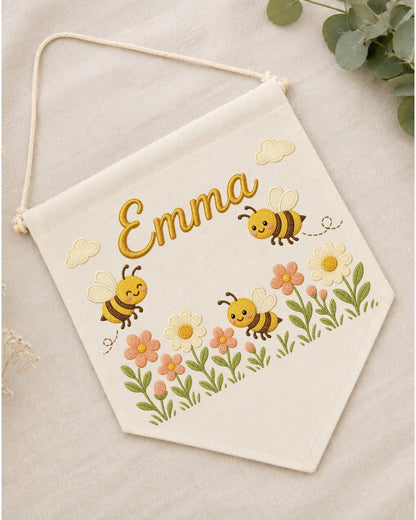 Personalized Bee Nursery Wall Hanging, Custom Name Embroidered Banner, Floral Baby Girl Room Decor, Bumble Bee Nursery Gift