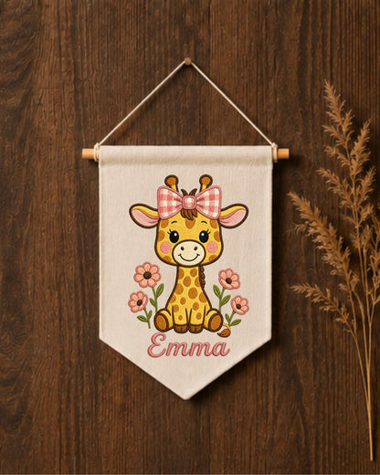 Personalized Giraffe Nursery Wall Hanging, Custom Name Embroidered Banner, Floral Baby Girl Room Decor, Safari Nursery Gift