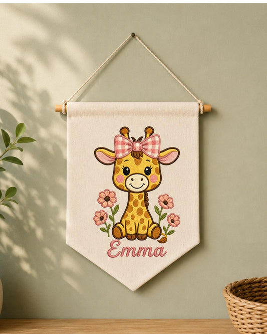 Personalized Giraffe Nursery Wall Hanging, Custom Name Embroidered Banner, Floral Baby Girl Room Decor, Safari Nursery Gift