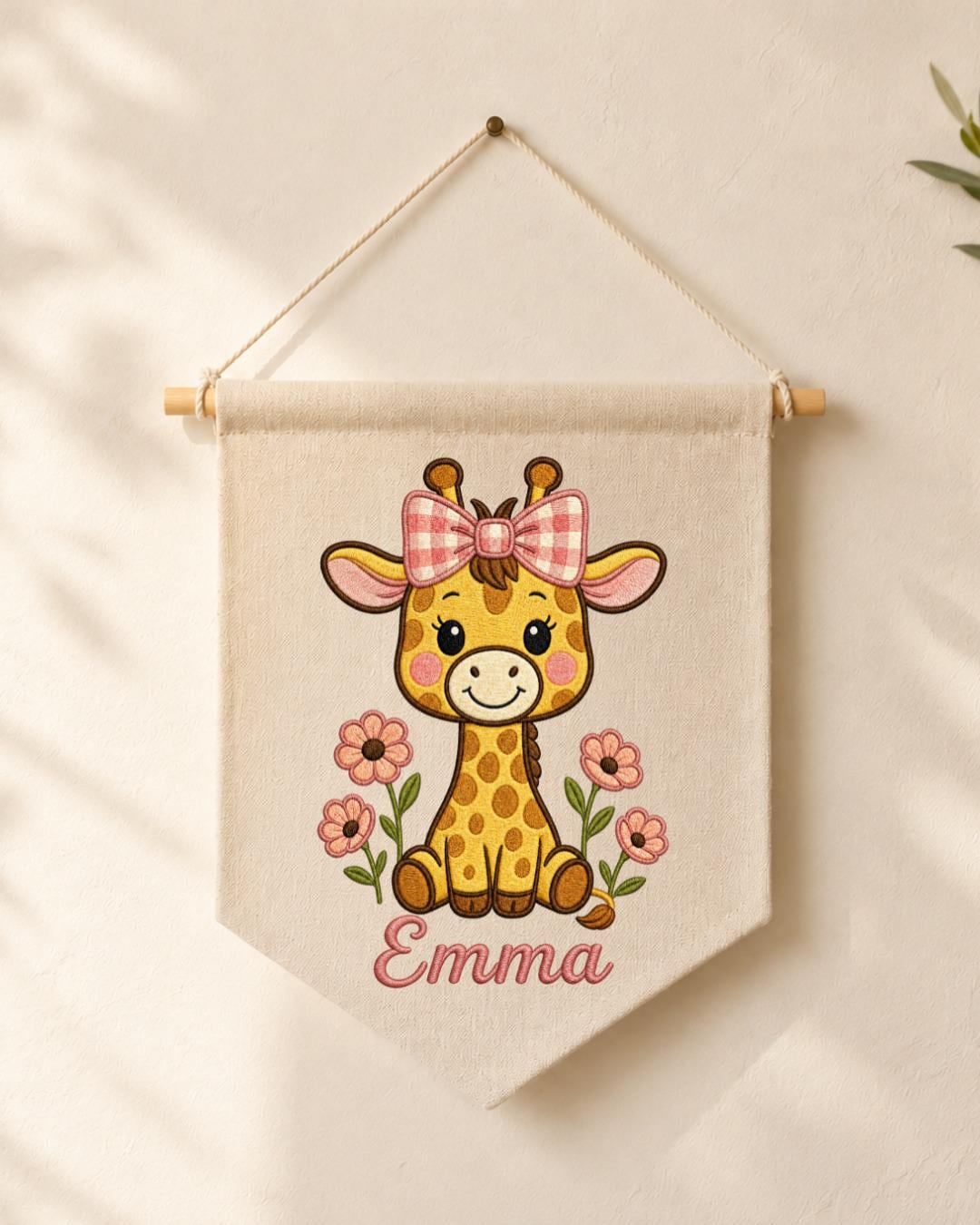 Personalized Giraffe Nursery Wall Hanging, Custom Name Embroidered Banner, Floral Baby Girl Room Decor, Safari Nursery Gift
