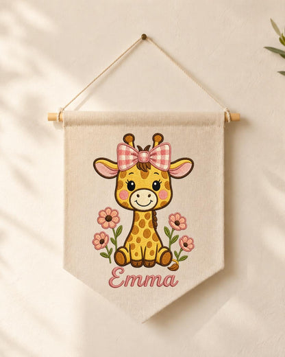 Personalized Giraffe Nursery Wall Hanging, Custom Name Embroidered Banner, Floral Baby Girl Room Decor, Safari Nursery Gift