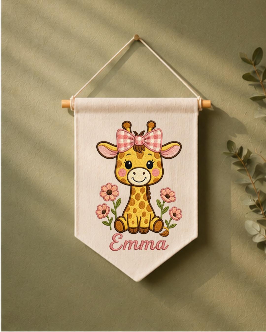 Personalized Giraffe Nursery Wall Hanging, Custom Name Embroidered Banner, Floral Baby Girl Room Decor, Safari Nursery Gift