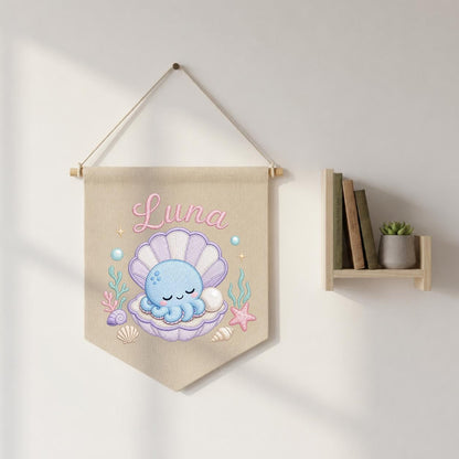 Personalized Under Sea Nursery Banner, Embroidered Name Canvas Wall Hanging, Octopus Shell Art