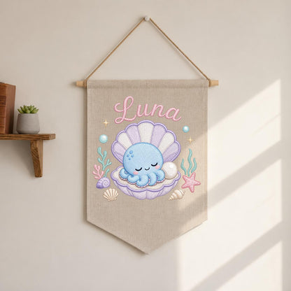 Personalized Under Sea Nursery Banner, Embroidered Name Canvas Wall Hanging, Octopus Shell Art