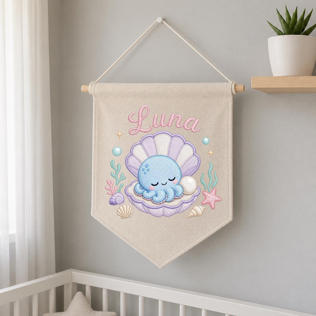 Personalized Under Sea Nursery Banner, Embroidered Name Canvas Wall Hanging, Octopus Shell Art