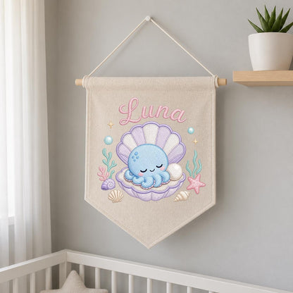 Personalized Under Sea Nursery Banner, Embroidered Name Canvas Wall Hanging, Octopus Shell Art