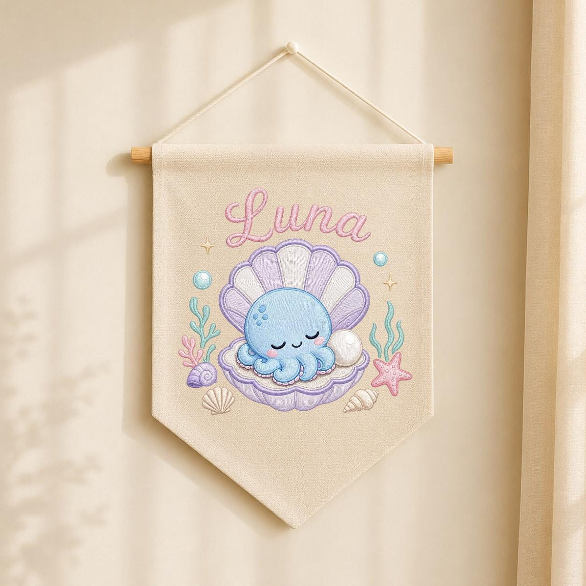 Personalized Under Sea Nursery Banner, Embroidered Name Canvas Wall Hanging, Octopus Shell Art