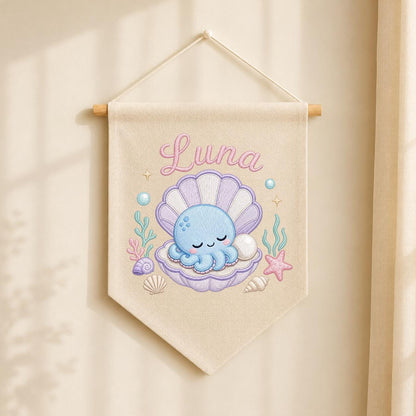 Personalized Under Sea Nursery Banner, Embroidered Name Canvas Wall Hanging, Octopus Shell Art