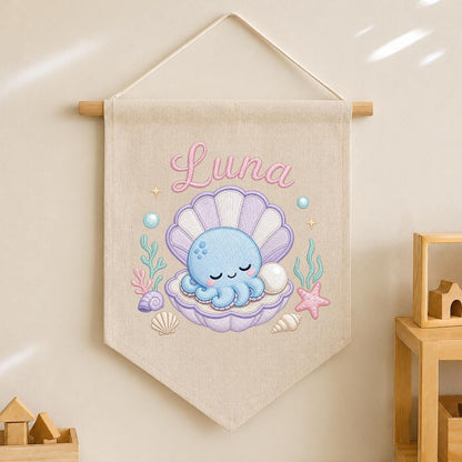 Personalized Under Sea Nursery Banner, Embroidered Name Canvas Wall Hanging, Octopus Shell Art