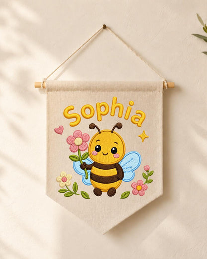 Personalized Bee Nursery Wall Hanging, Custom Name Embroidered Banner, Floral Baby Girl Room Decor, Bumble Bee Nursery Gift