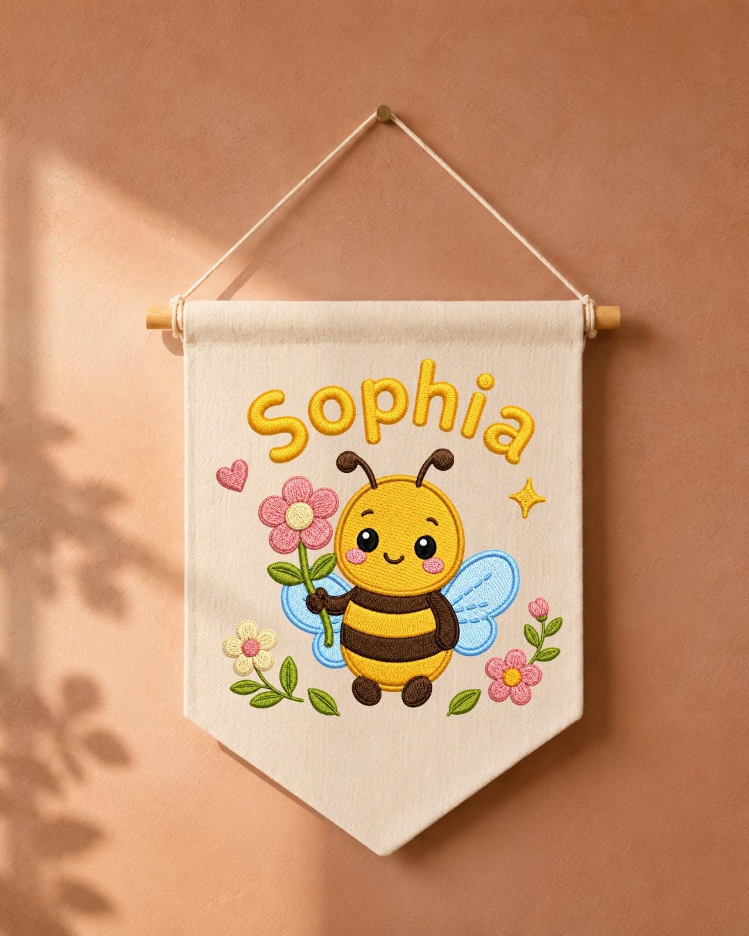 Personalized Bee Nursery Wall Hanging, Custom Name Embroidered Banner, Floral Baby Girl Room Decor, Bumble Bee Nursery Gift