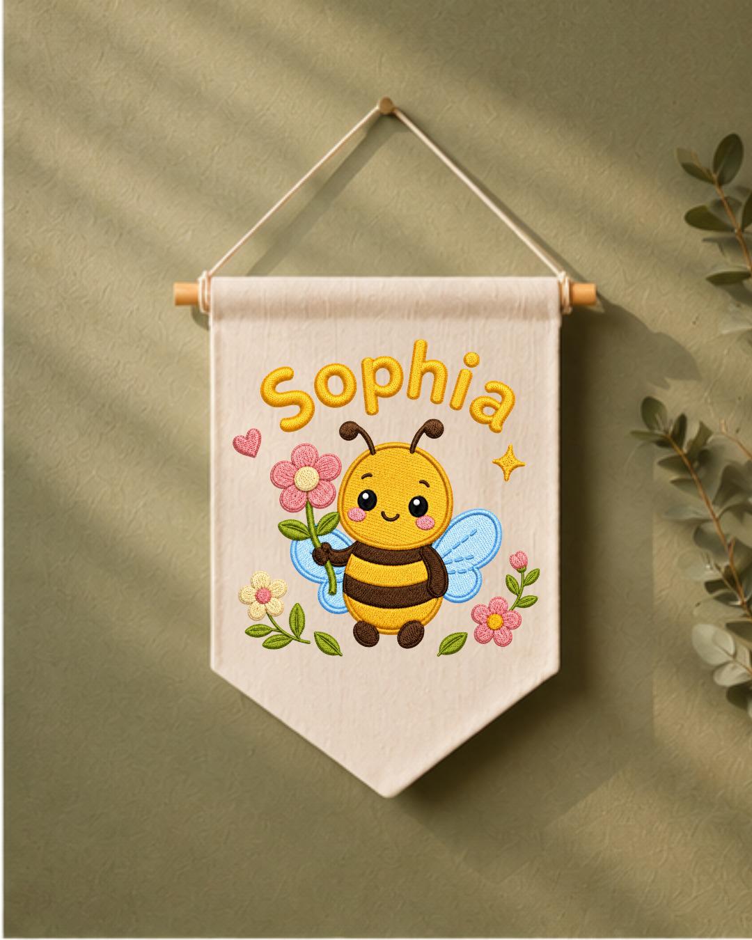 Personalized Bee Nursery Wall Hanging, Custom Name Embroidered Banner, Floral Baby Girl Room Decor, Bumble Bee Nursery Gift