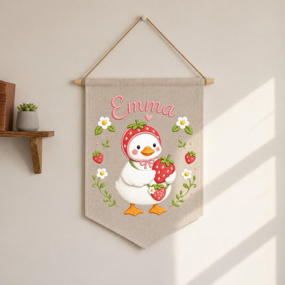 Personalized Strawberry Duck Embroidered Banner, Custom Name Nursery Wall Hanging