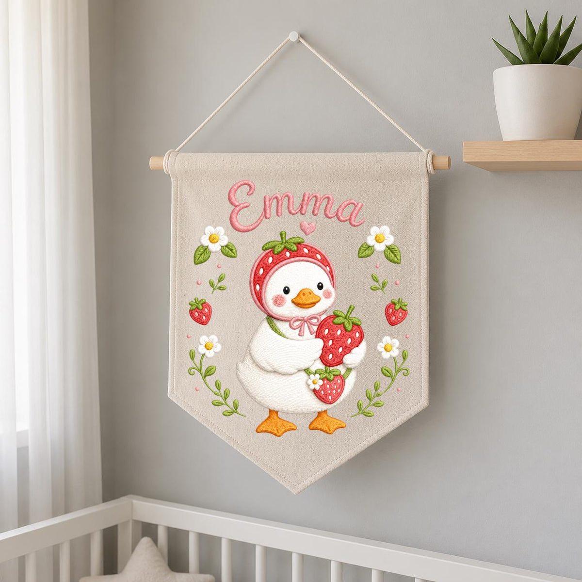 Personalized Strawberry Duck Embroidered Banner, Custom Name Nursery Wall Hanging