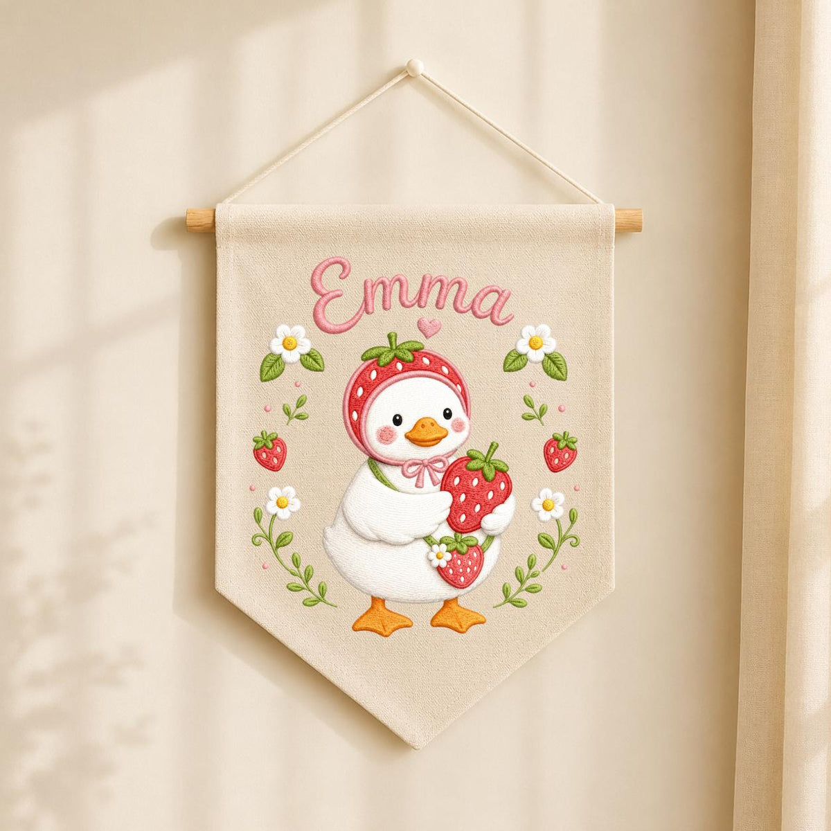 Personalized Strawberry Duck Embroidered Banner, Custom Name Nursery Wall Hanging
