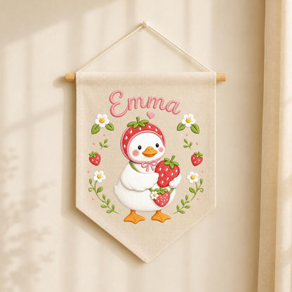 Personalized Strawberry Duck Embroidered Banner, Custom Name Nursery Wall Hanging