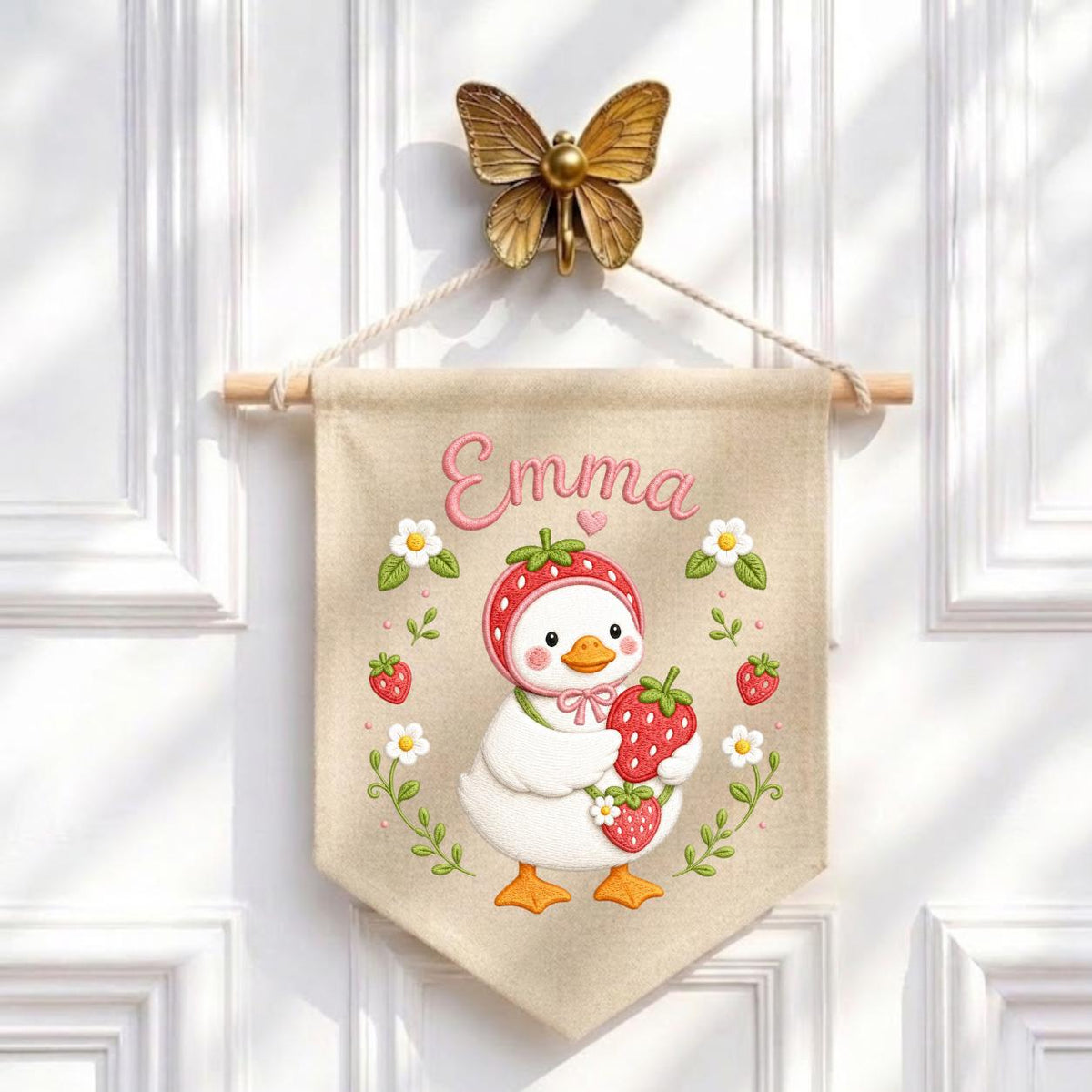 Personalized Strawberry Duck Embroidered Banner, Custom Name Nursery Wall Hanging
