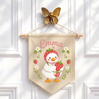 Personalized Strawberry Duck Embroidered Banner, Custom Name Nursery Wall Hanging