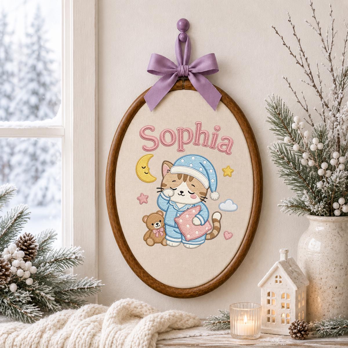 Personalized Embroidered Cat Nursery Hoop Sign, Custom Name Wooden Wall Hanging
