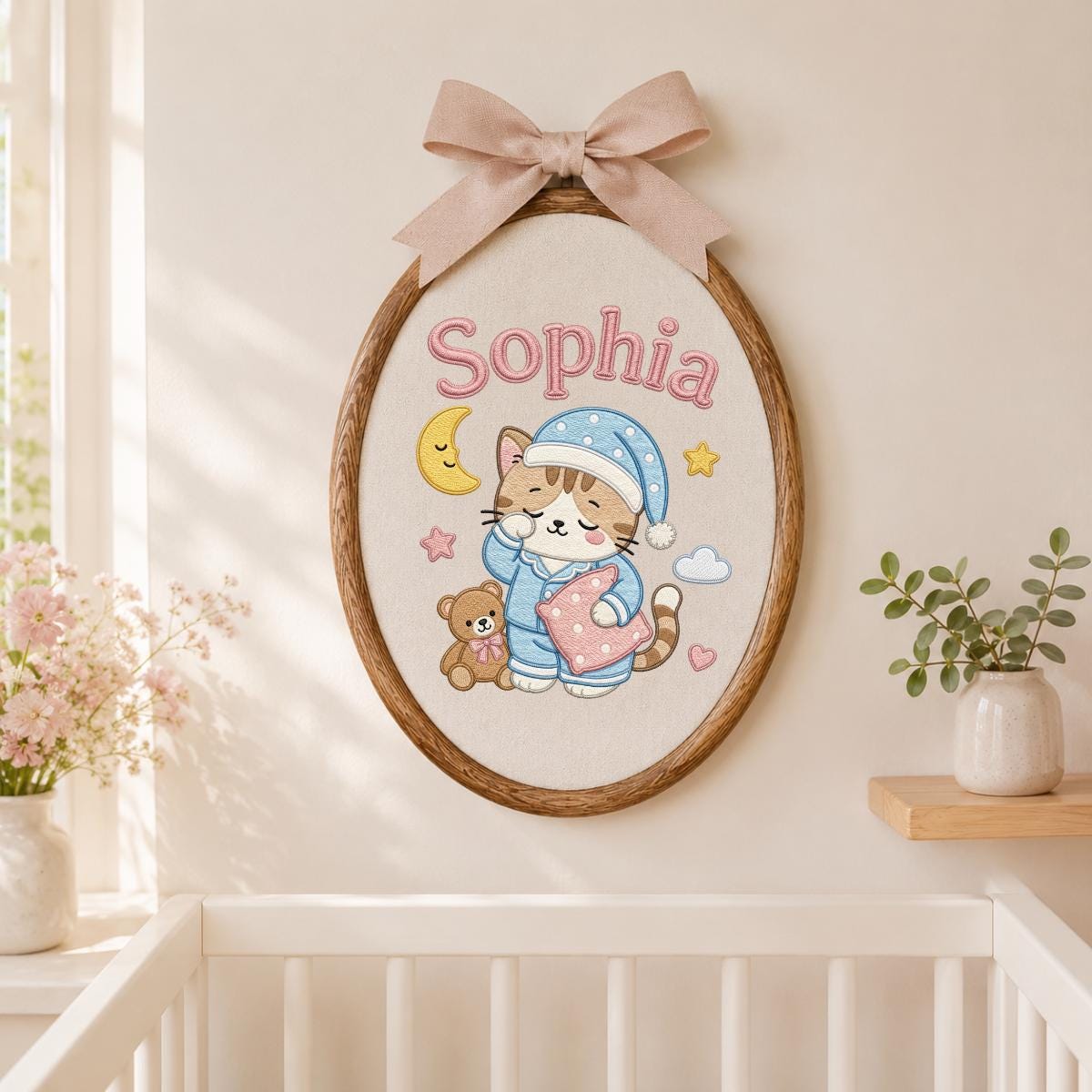 Personalized Embroidered Cat Nursery Hoop Sign, Custom Name Wooden Wall Hanging