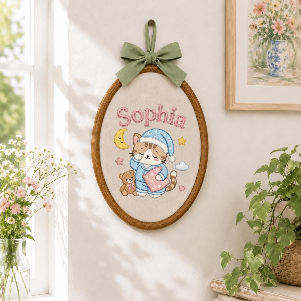 Personalized Embroidered Cat Nursery Hoop Sign, Custom Name Wooden Wall Hanging