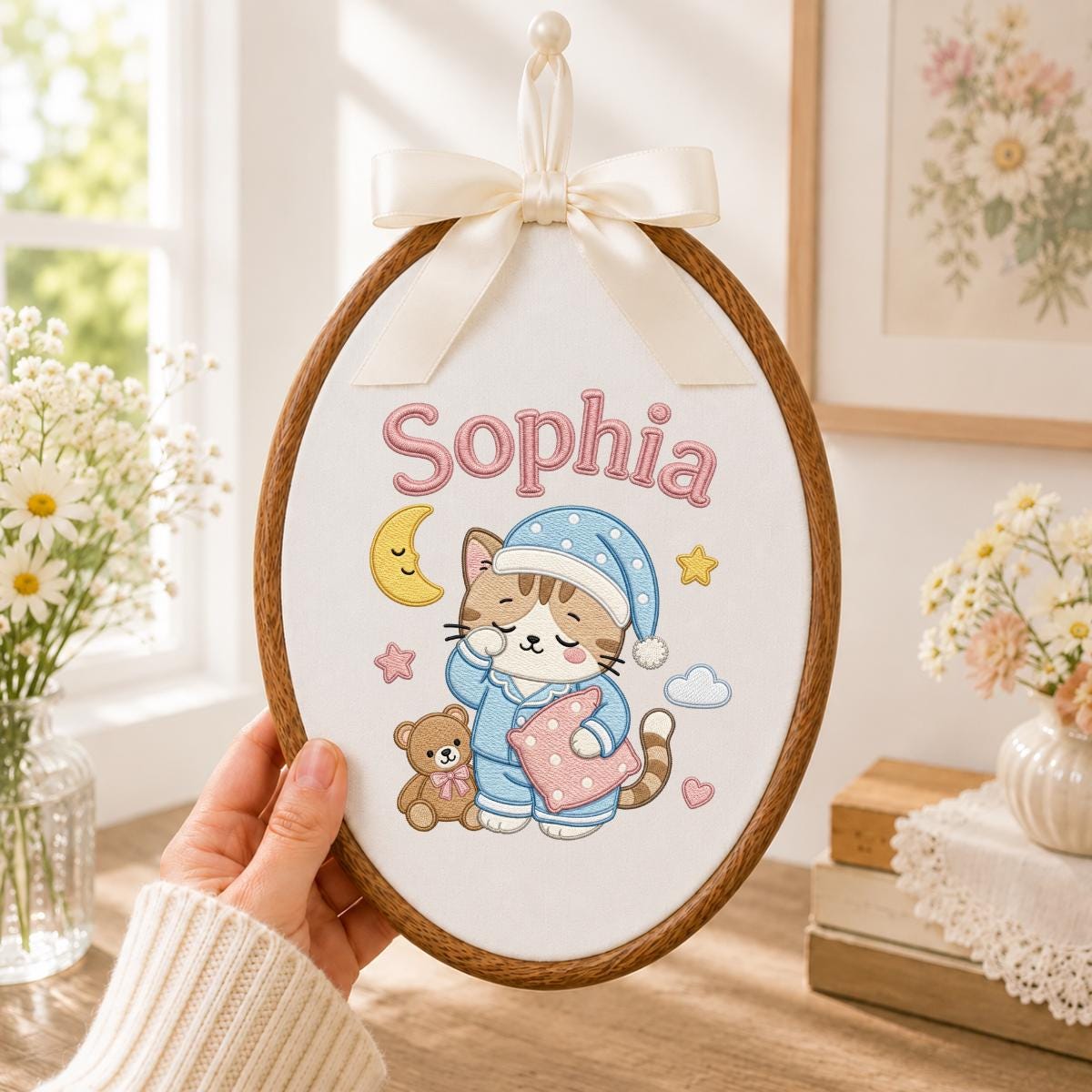 Personalized Embroidered Cat Nursery Hoop Sign, Custom Name Wooden Wall Hanging