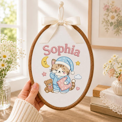 Personalized Embroidered Cat Nursery Hoop Sign, Custom Name Wooden Wall Hanging