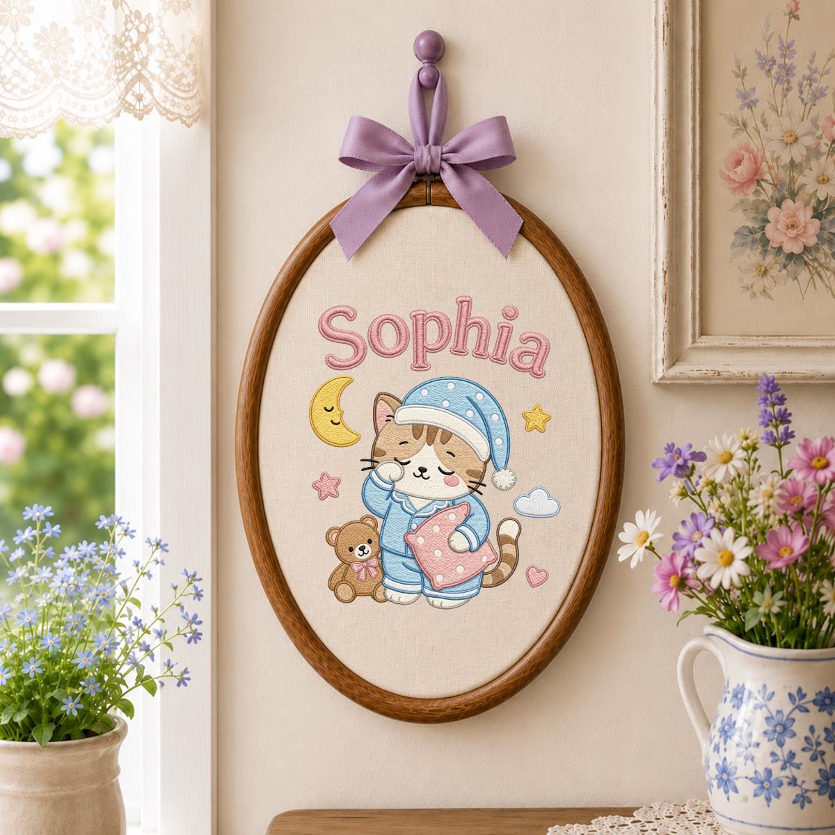 Personalized Embroidered Cat Nursery Hoop Sign, Custom Name Wooden Wall Hanging