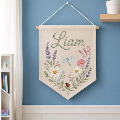 Personalized Embroidered Wildflower Name Banner, Linen Nursery Decor