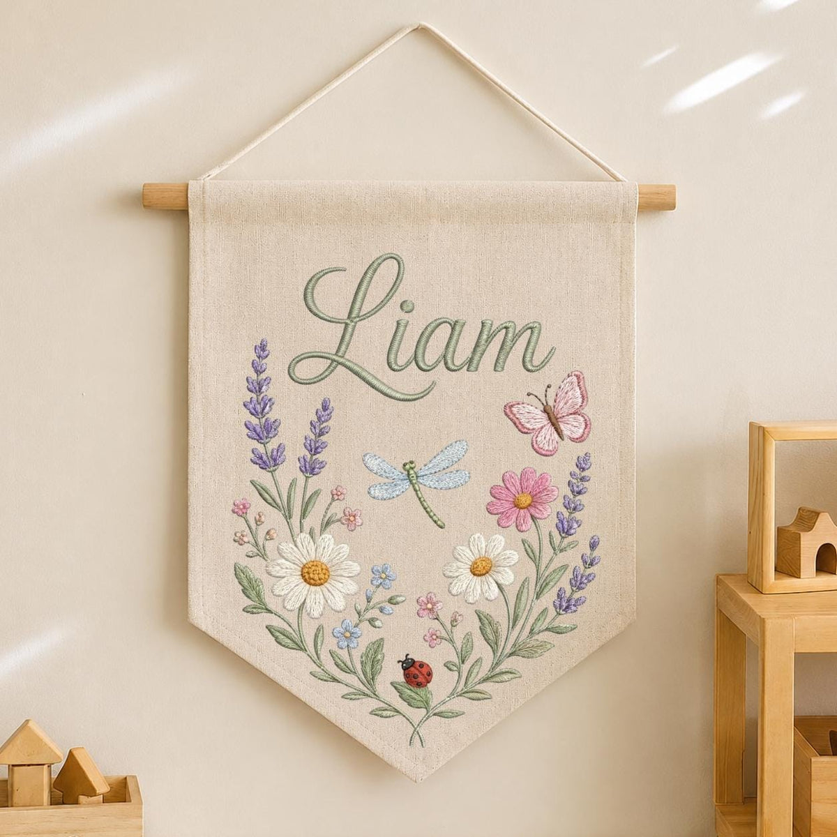Personalized Embroidered Wildflower Name Banner, Linen Nursery Decor